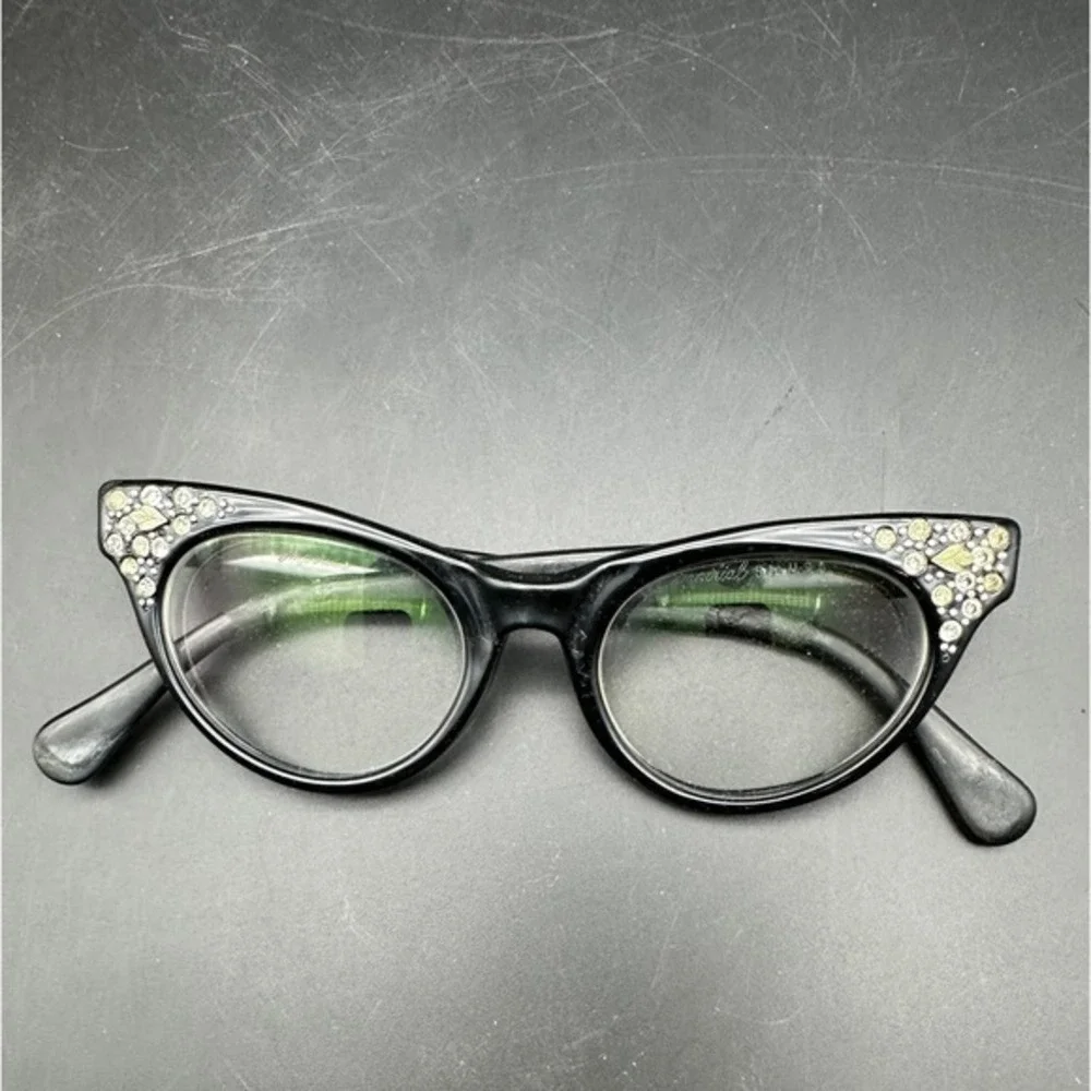 Vintage Imperial Black‎ Cat Eye Glasses Rhinestone MCM 50s Frames Rockabilly KC
